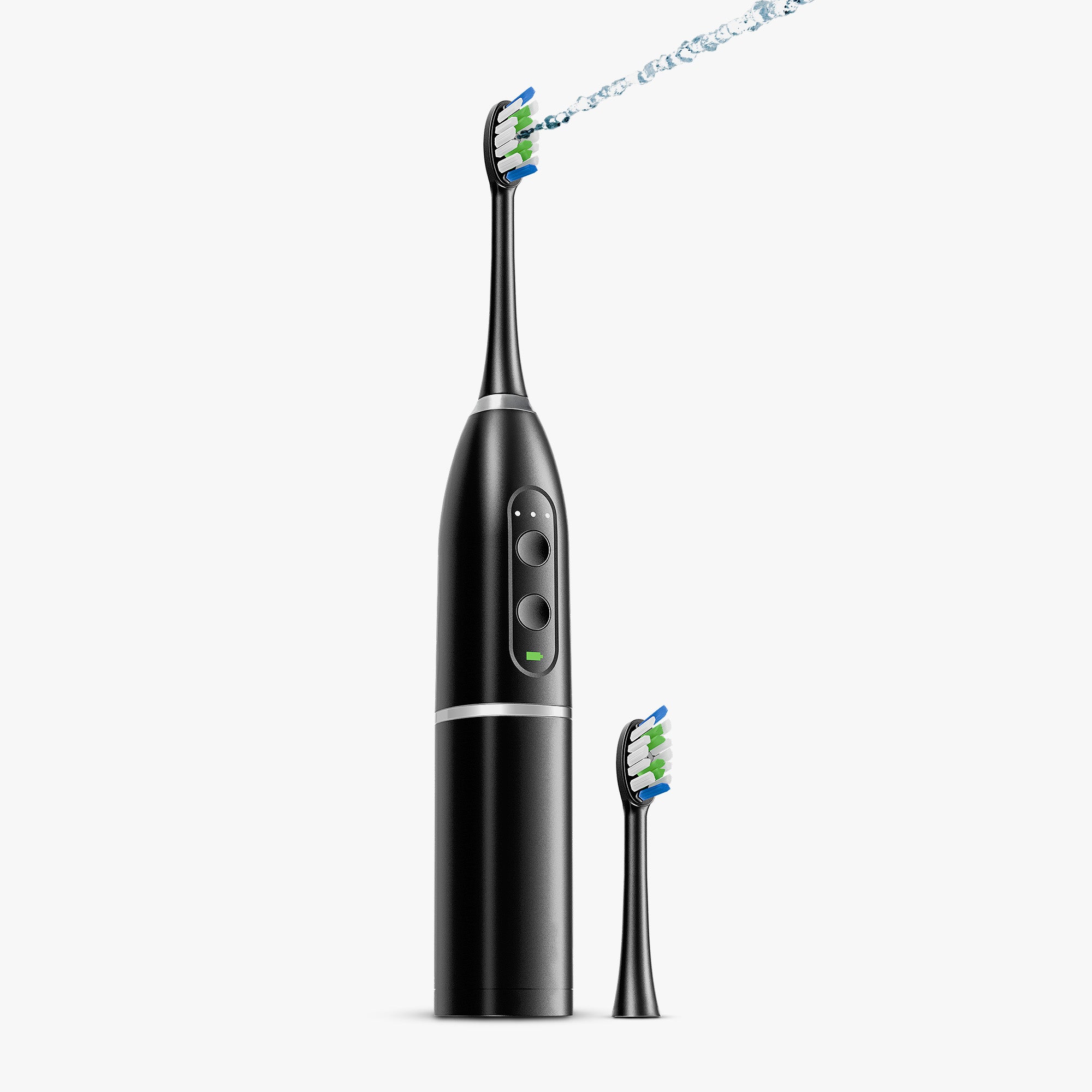 Black electric toothbrush with interchangeable heads and water jet on display.