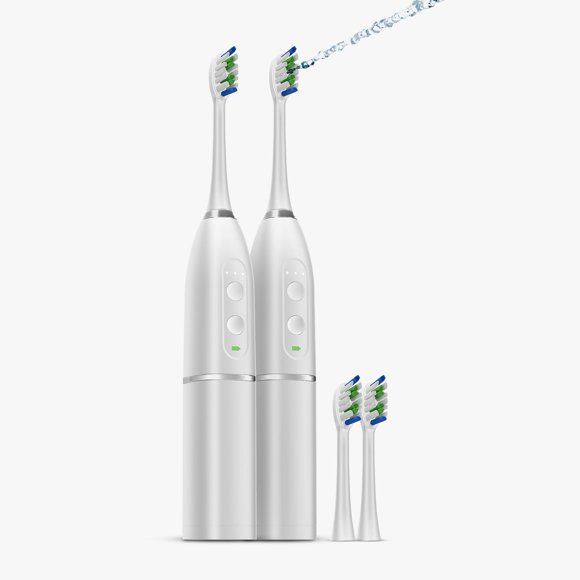 Black electric toothbrush with interchangeable heads and water jet on display.