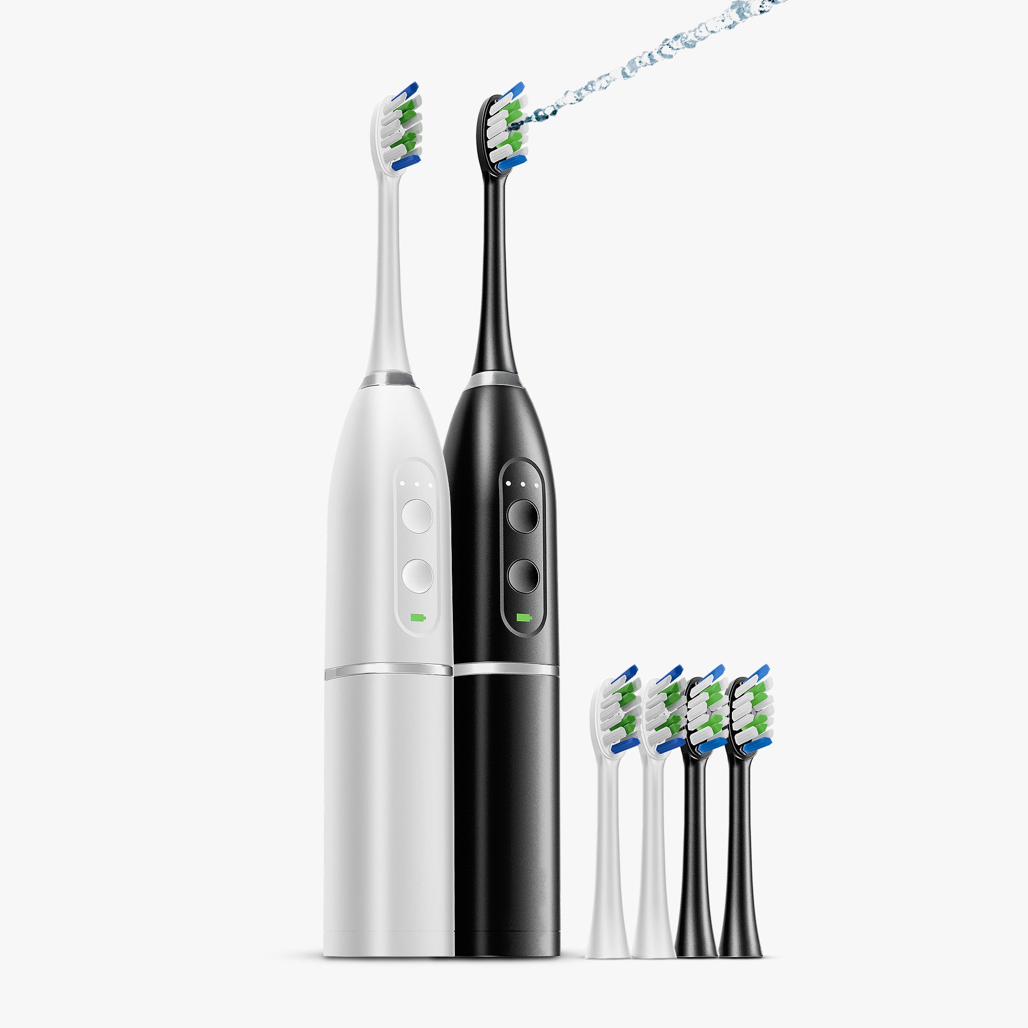 Black electric toothbrush with interchangeable heads and water jet on display.