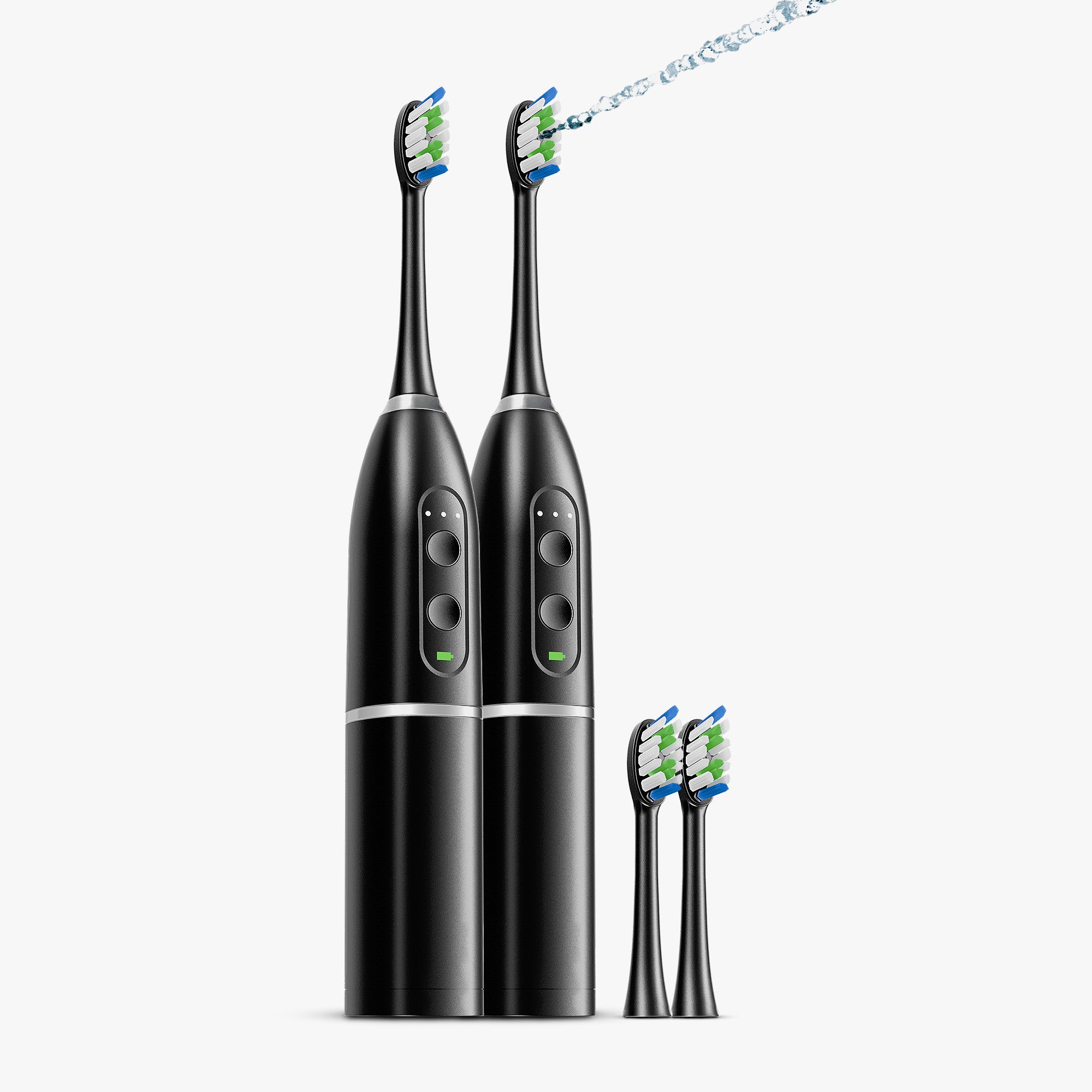 Black electric toothbrush with interchangeable heads and water jet on display.