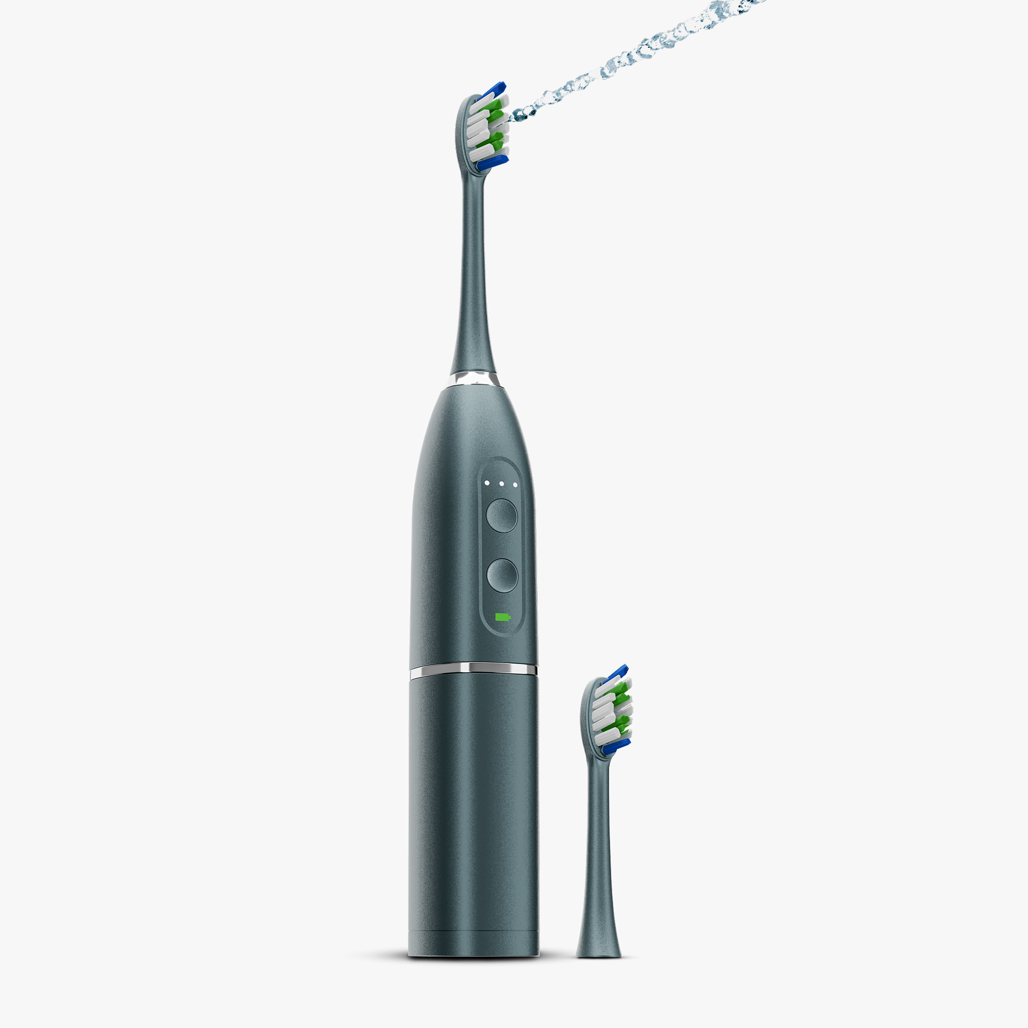 Black electric toothbrush with interchangeable heads and water jet on display.